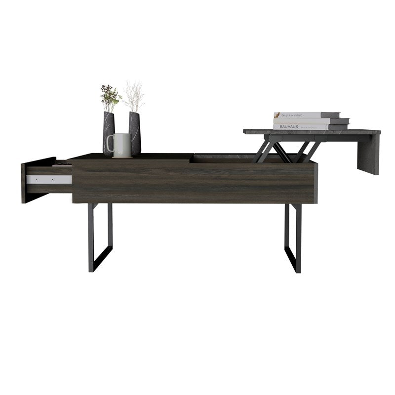 39" Espresso And Black Metal Lift Top Coffee Table With Drawer