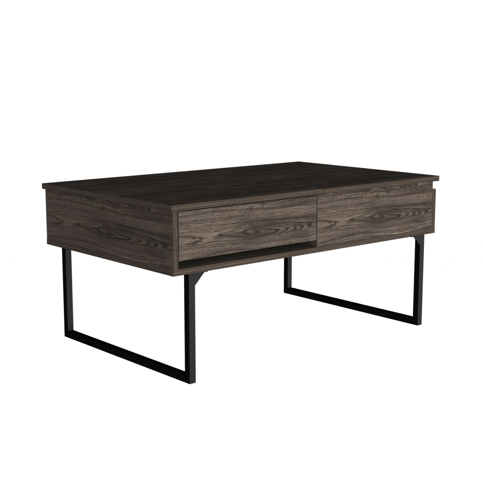 40" Dark Brown And Black Metal Lift Top Coffee Table With Drawer