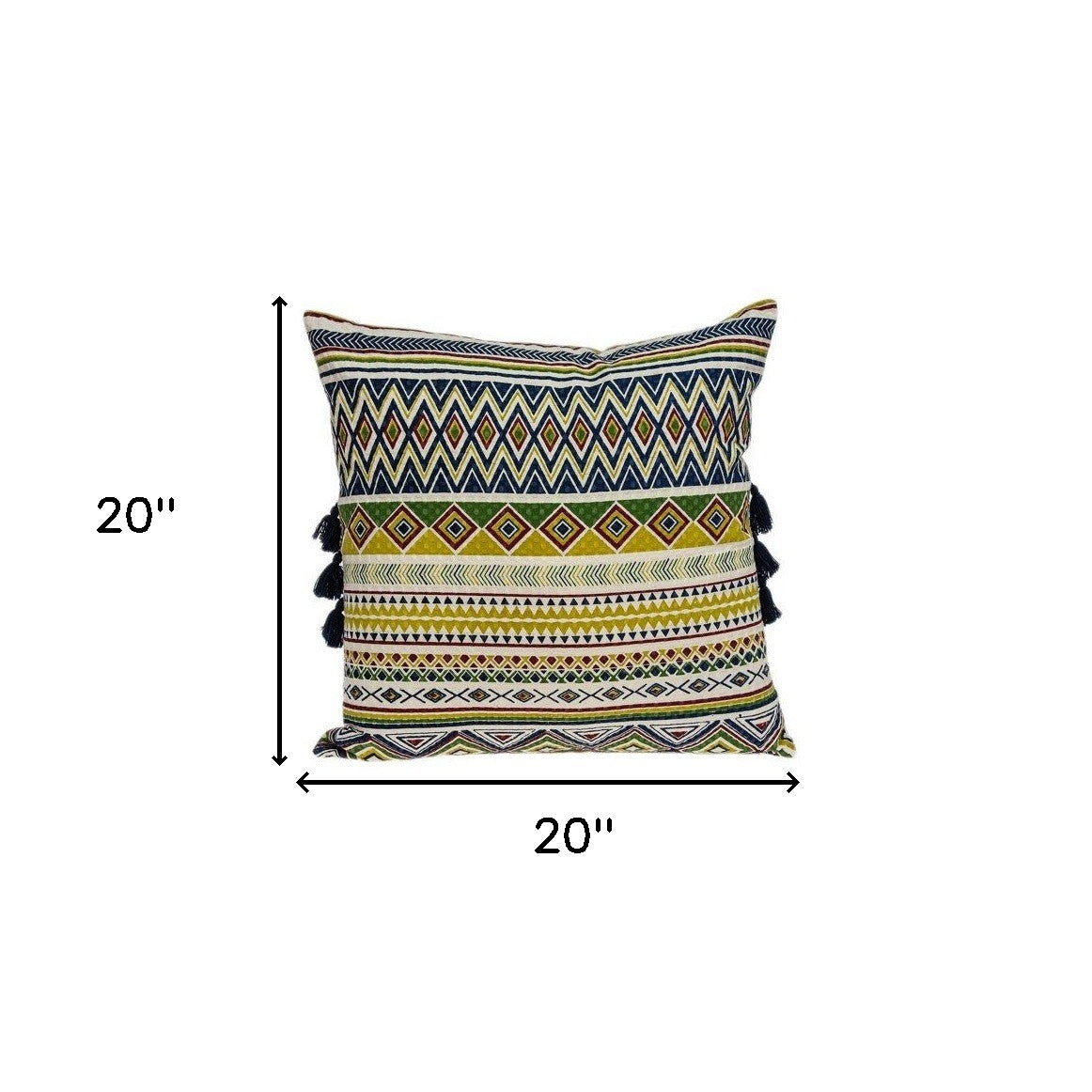 20" Green and Yellow Cotton Throw Pillow With Tassels