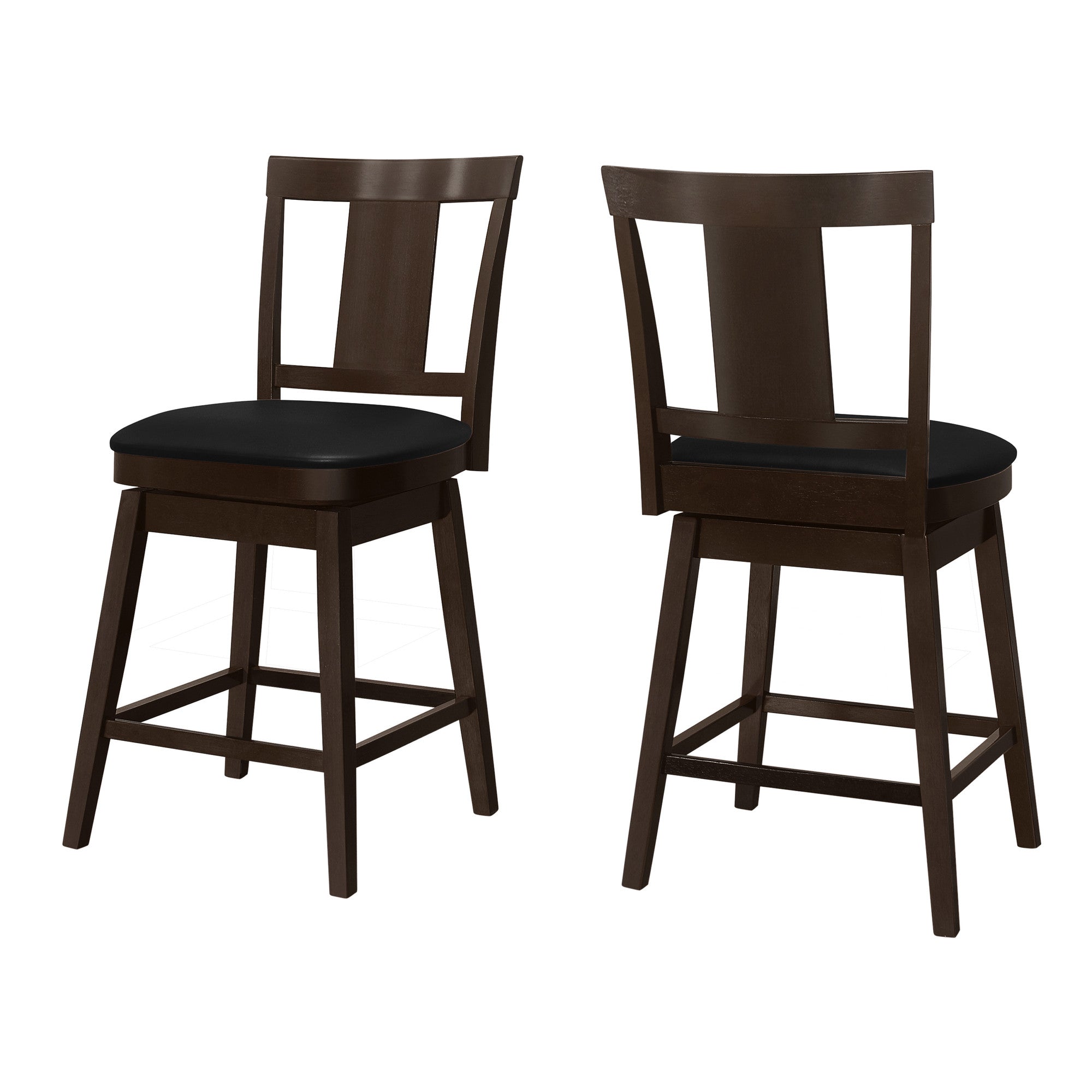 Set of Two 23 " Black And Espresso Faux Leather And Solid Wood Swivel Counter Height Bar Chairs