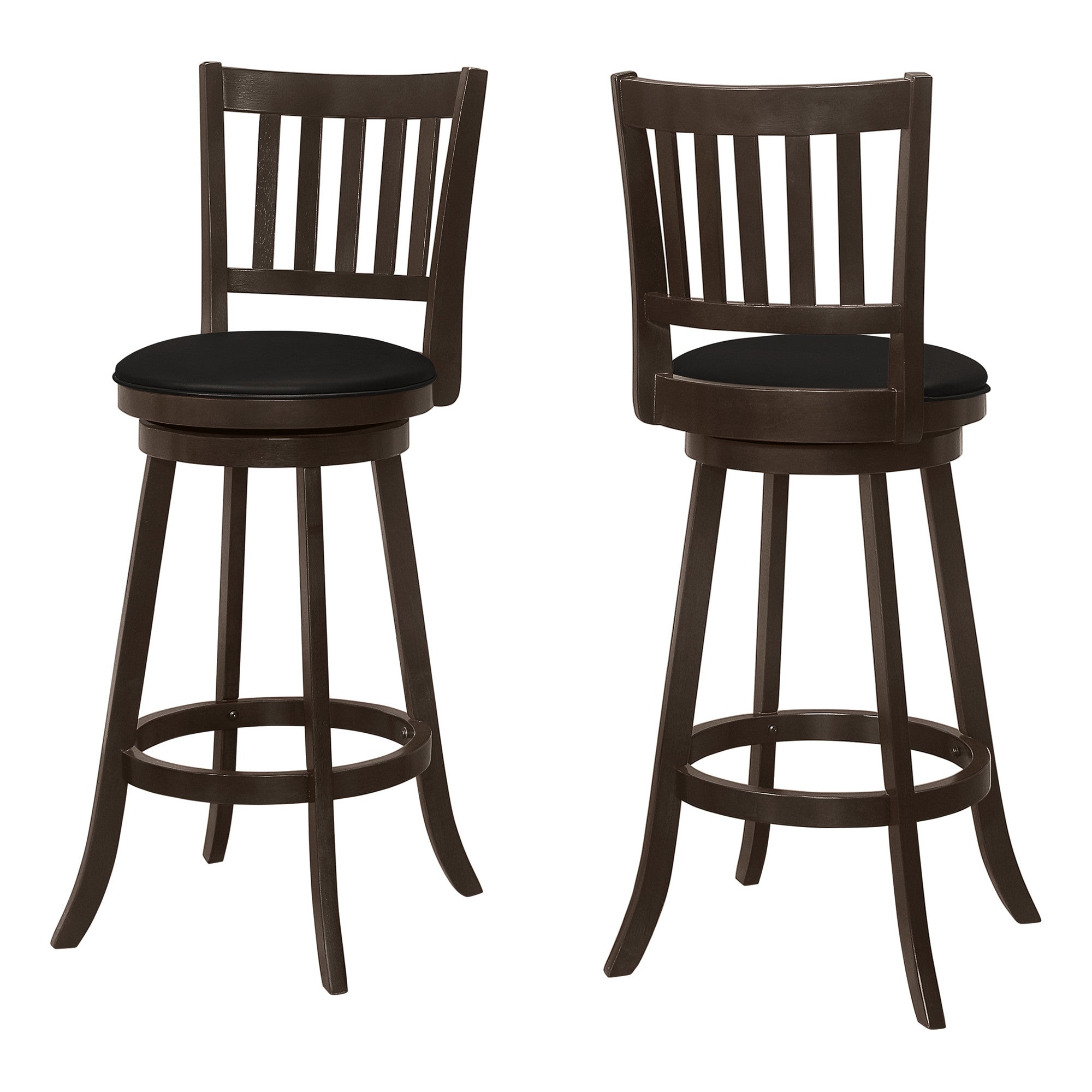 Set of Two 29 " Black And Espresso Faux Leather And Solid Wood Swivel Bar Height Bar Chairs