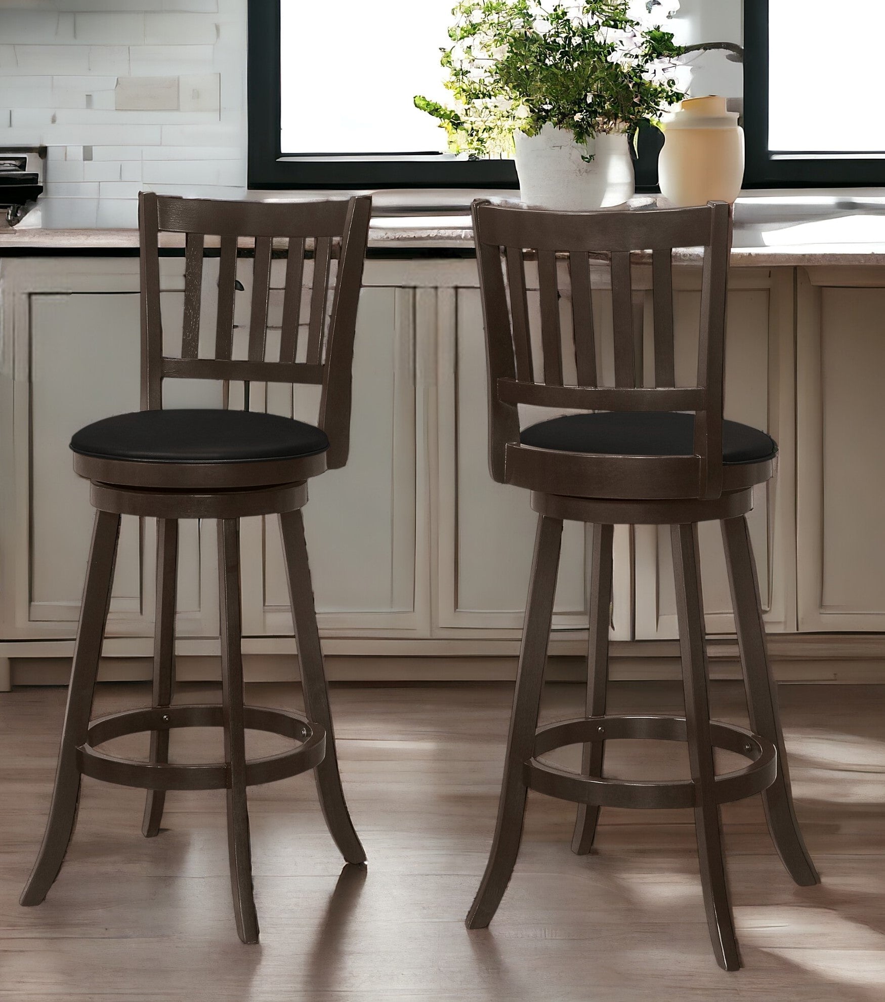 Set of Two 29 " Black And Espresso Faux Leather And Solid Wood Swivel Bar Height Bar Chairs