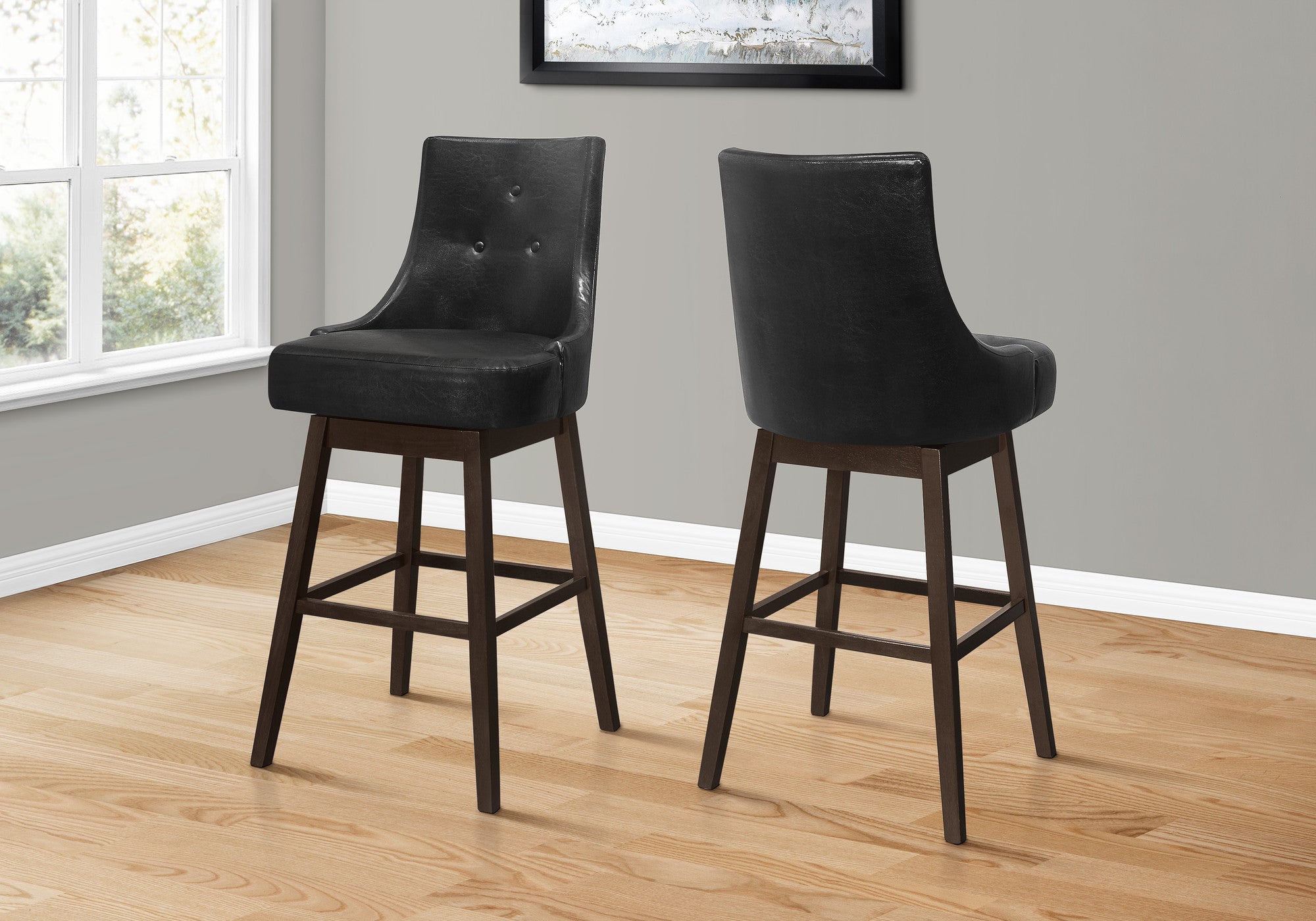 Set of Two 29 " Black And Brown Faux Leather And Solid Wood Swivel Bar Height Bar Chairs