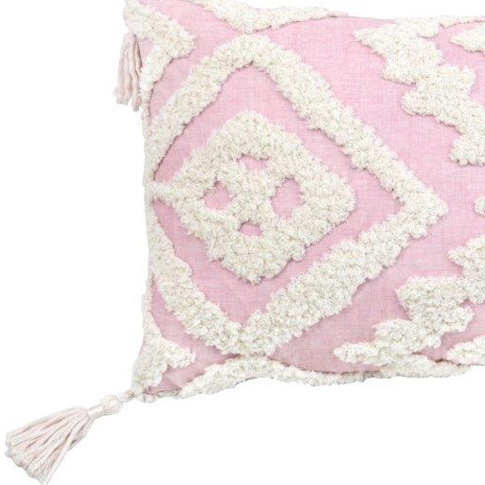 13" X 20" Pink and White Textural Abstract Throw Pillow with Tassels