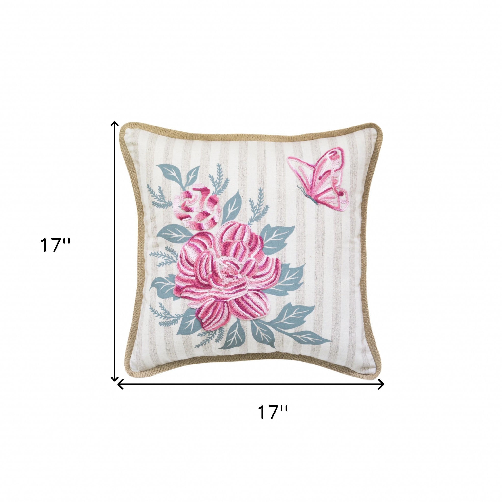 17" X 17" Pink Embroidered Floral and Butterfly with Burlap Throw Pillow