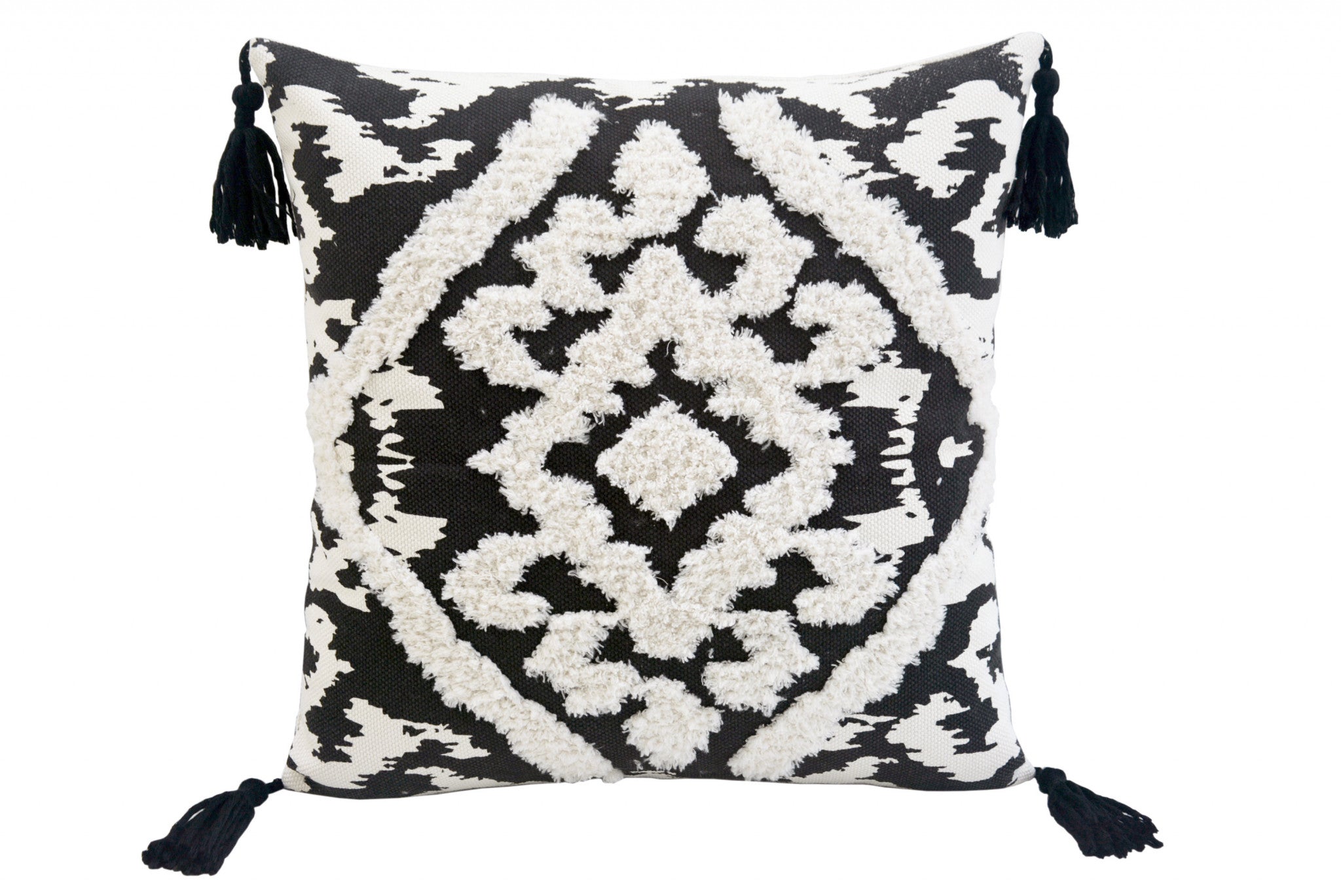 17" X 17" Black and White Textural Geometric Throw Pillow With Tassels