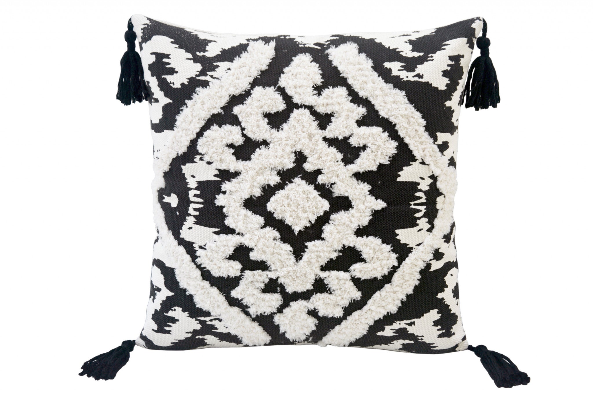 17" X 17" Black and White Textural Geometric Throw Pillow With Tassels