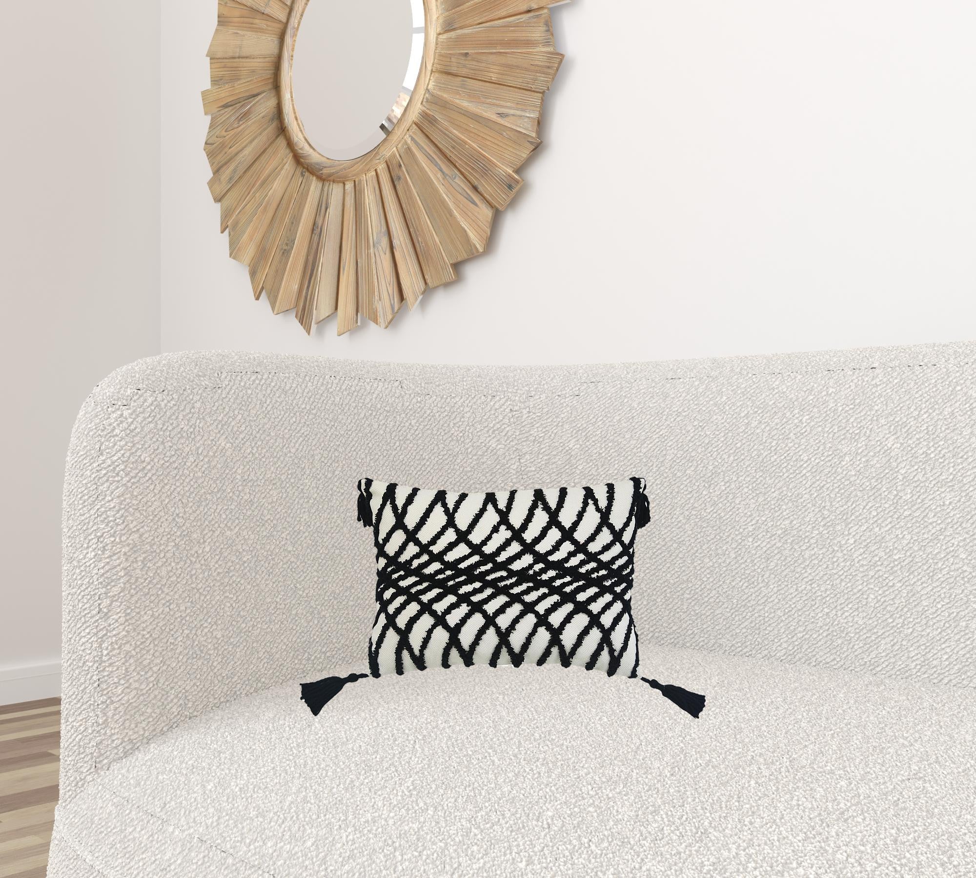 13" X 18" Black And White Geometric Zippered Polyester And Cotton Blend Throw Pillow With Tassels