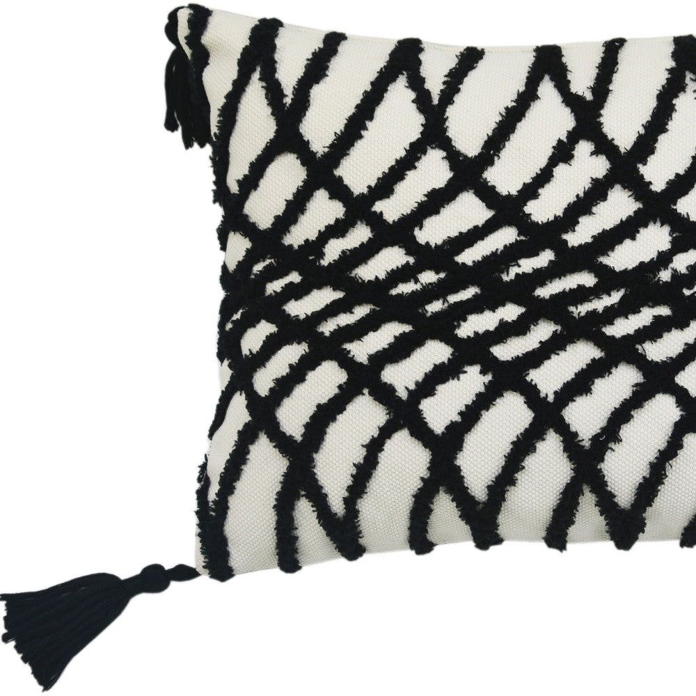 13" X 18" Black And White Geometric Zippered Polyester And Cotton Blend Throw Pillow With Tassels