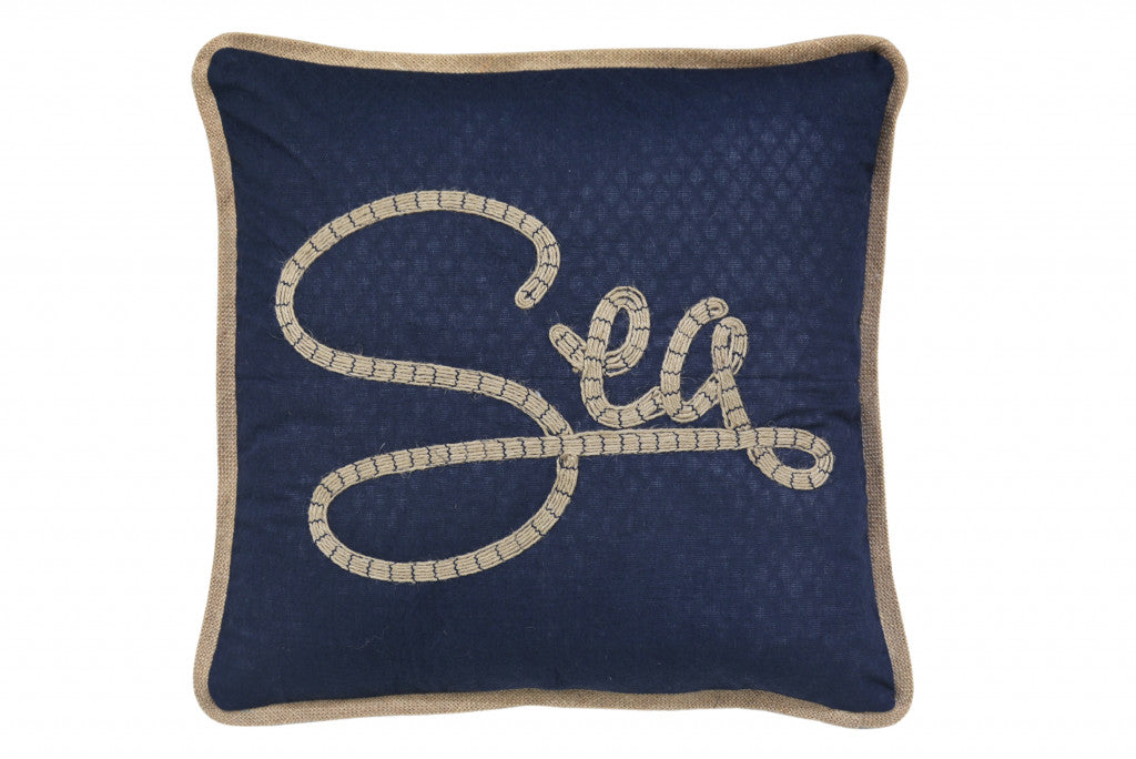 17" X 17" Navy Blue And Brown Text Zippered Polyester And Burlap Blend Throw Pillow With Embroidery