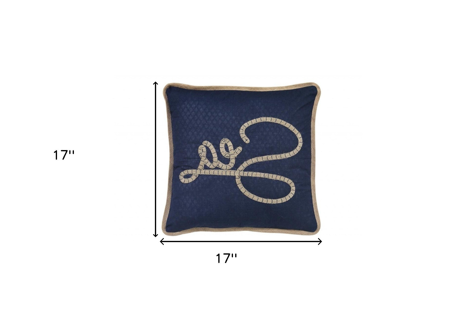 17" X 17" Navy Blue And Brown Text Zippered Polyester And Burlap Blend Throw Pillow With Embroidery