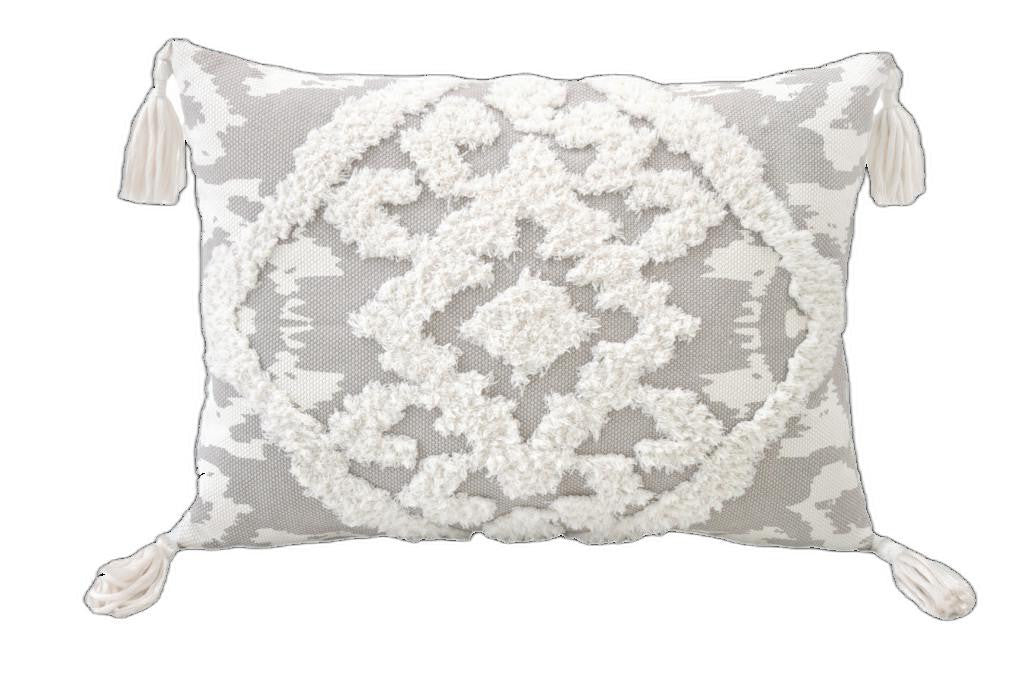 13" X 18" Grey And White Damask Zippered Polyester And Cotton Blend Throw Pillow With Tassels