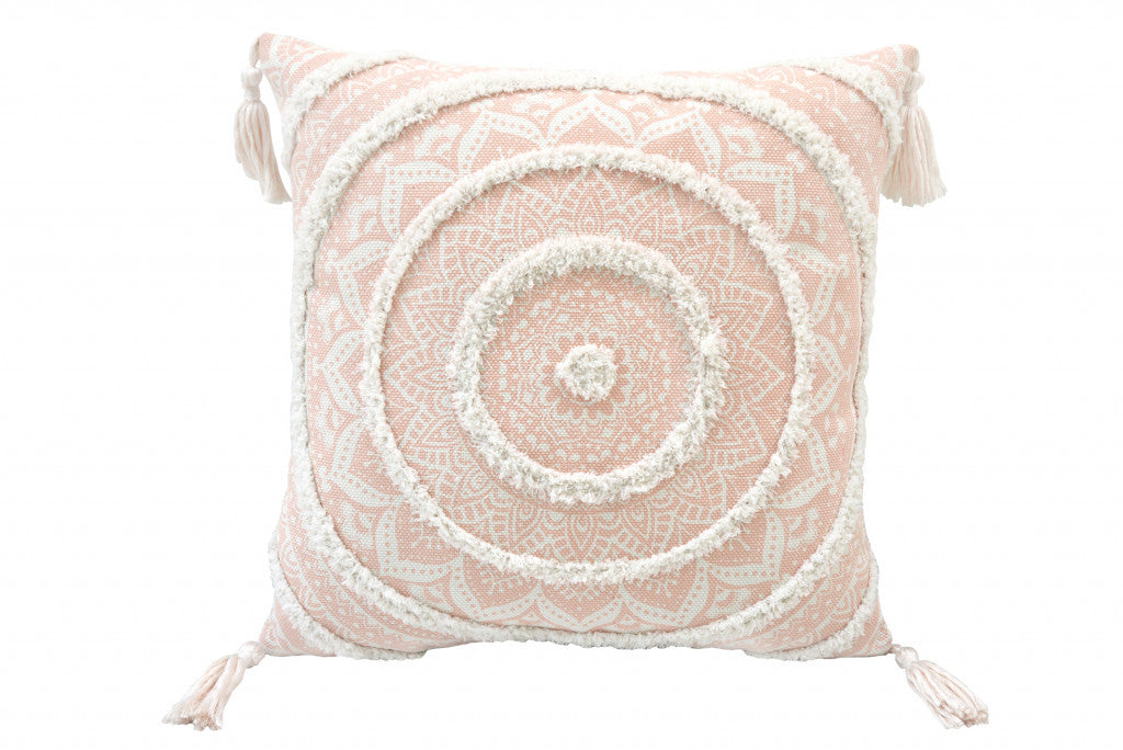 18" X 18" Peach And White Geometric Zippered Polyester And Cotton Blend Throw Pillow With Tassels