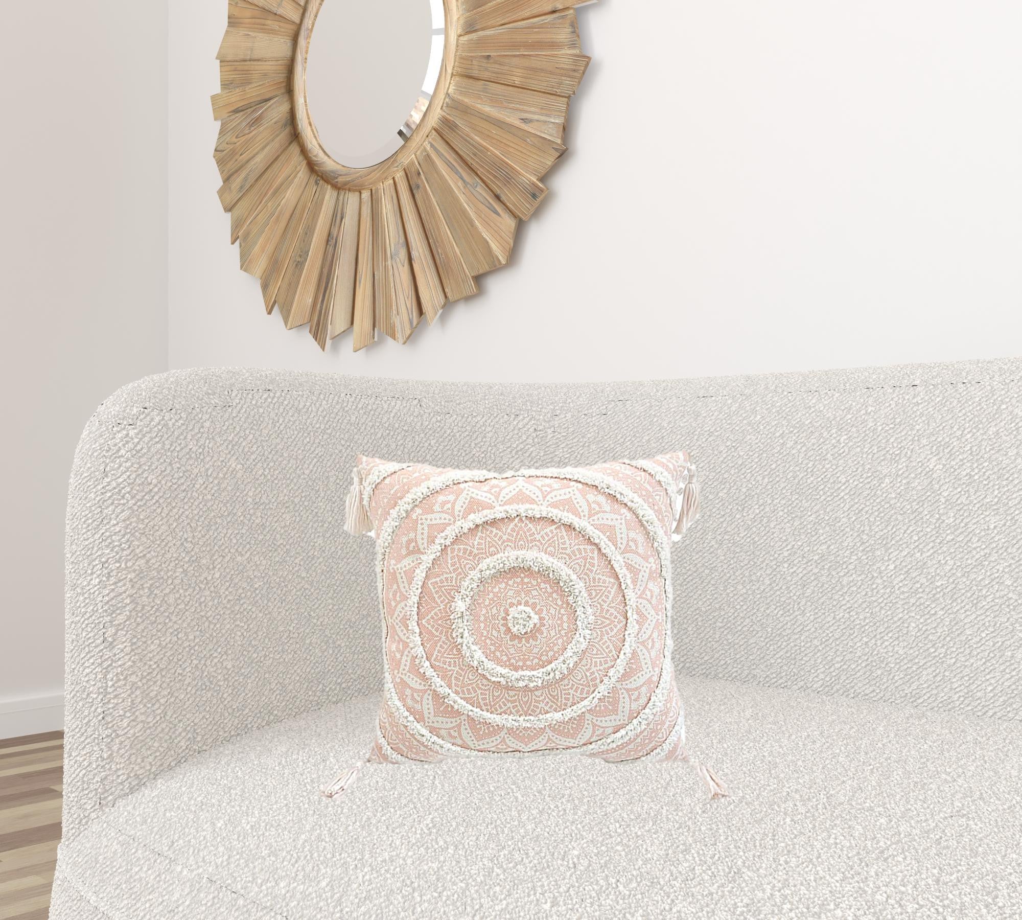 18" X 18" Peach And White Geometric Zippered Polyester And Cotton Blend Throw Pillow With Tassels