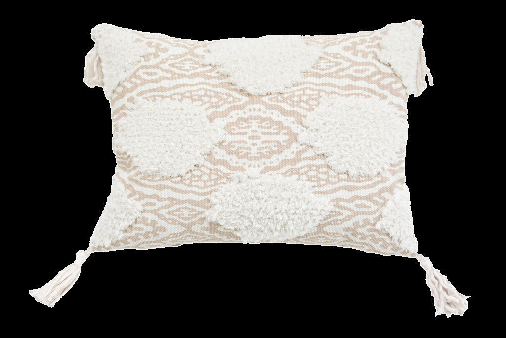 13" X 18" Beige And White Ogee Zippered Polyester And Cotton Blend Throw Pillow With Tassels