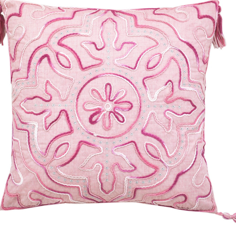 17" X 17" Pink White And Silver Damask Zippered Polyester Throw Pillow With Tassels