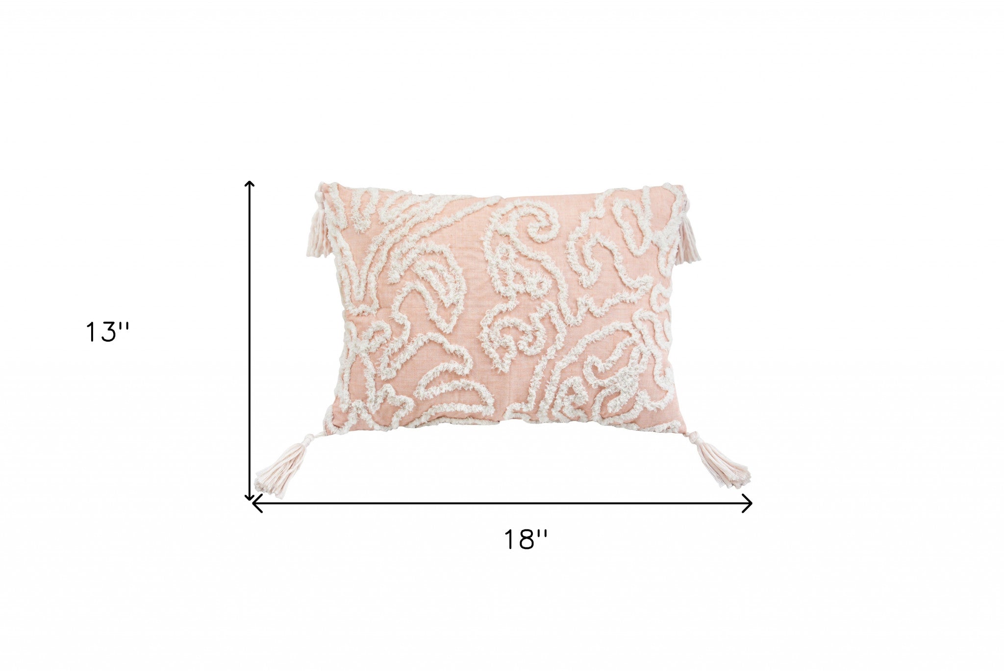 13" X 18" Beige and Ivory Damask Throw Pillow With Texture Embroidery and Tassles