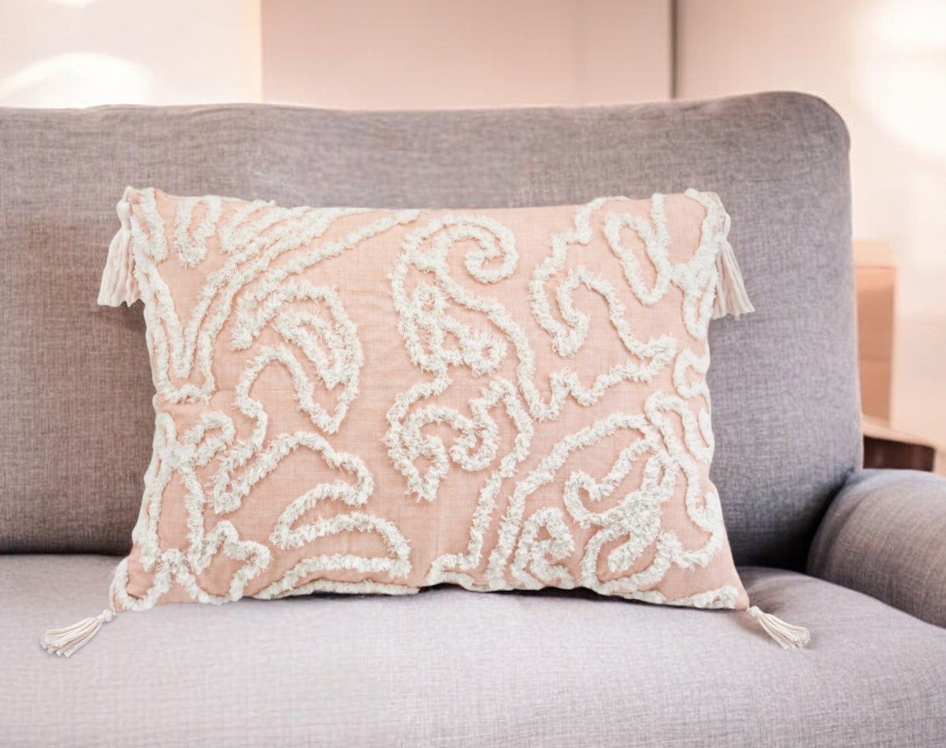 13" X 18" Beige and Ivory Damask Throw Pillow With Texture Embroidery and Tassles