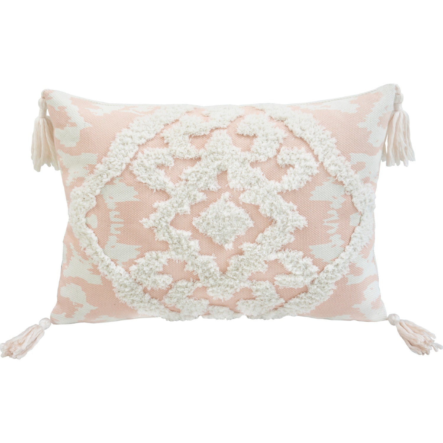 13" X 18" Peach and White Polyester and Cotton Blend Throw Pillow With Tassels