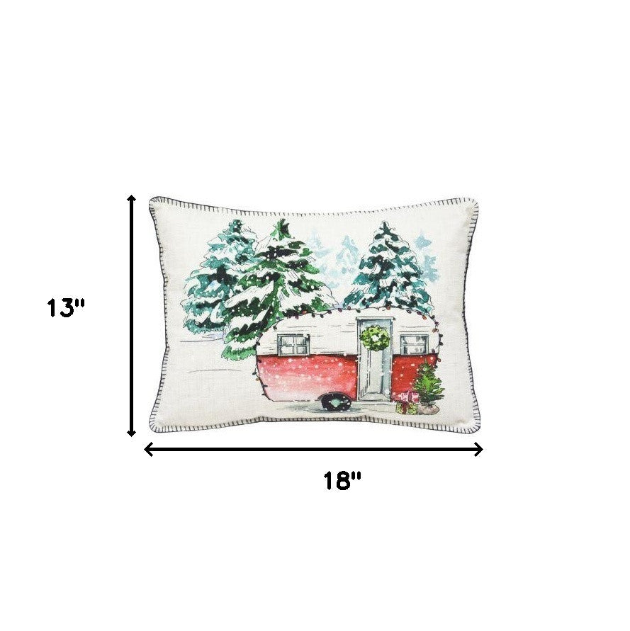 13" X 18" White Green And Red Zippered Polyester Christmas Holiday Van Throw Pillow