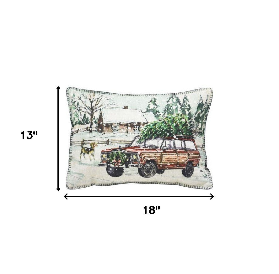 13" X 18" White Green Black And Red Zippered Polyester Christmas Holiday Van Throw Pillow
