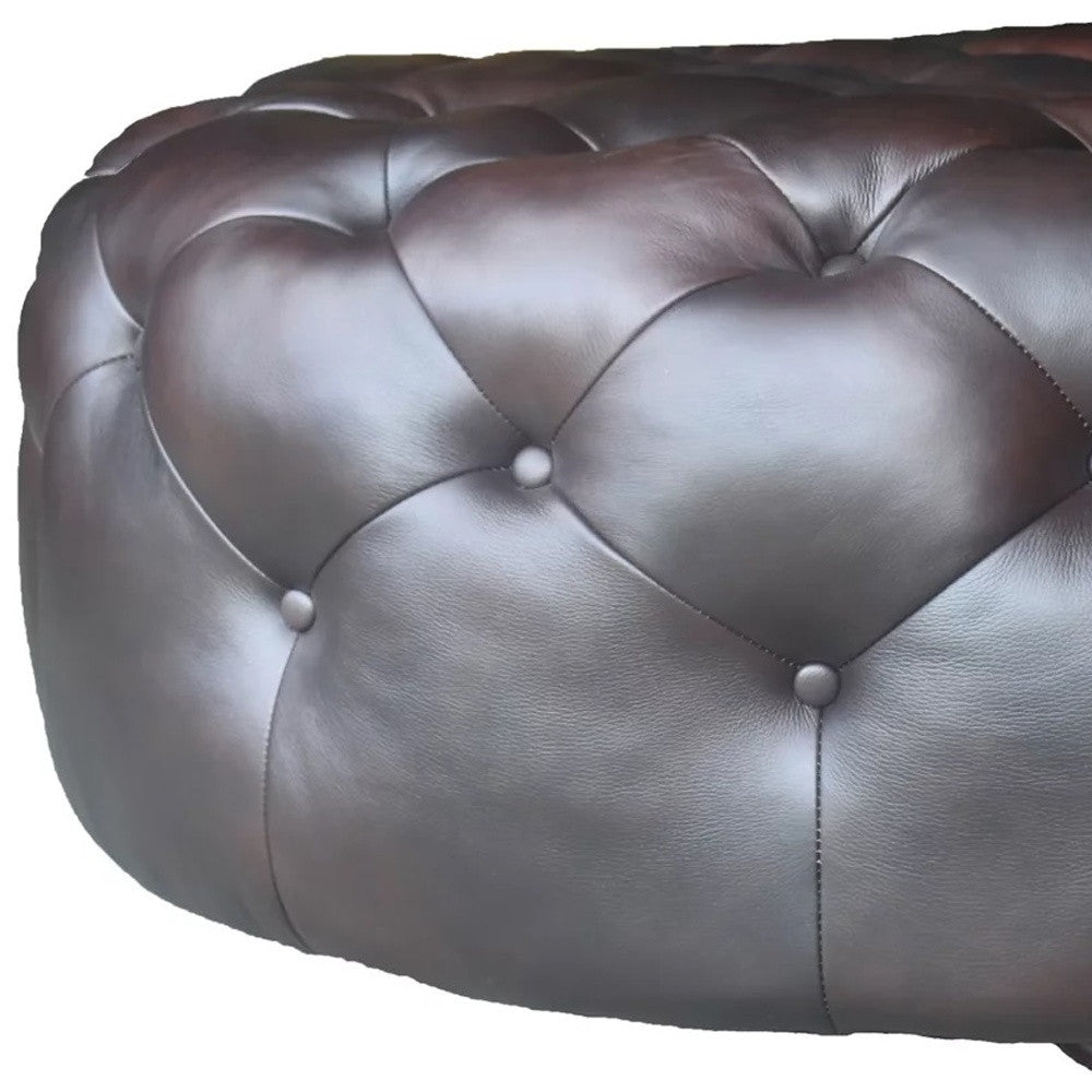 41" Brown Genuine Leather And Dark Brown Tufted Round Ottoman