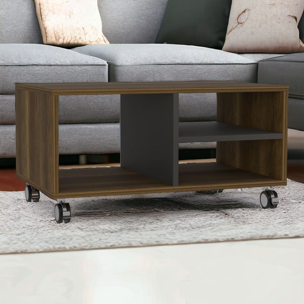 32" Brown And Black Coffee Table With Three Shelves