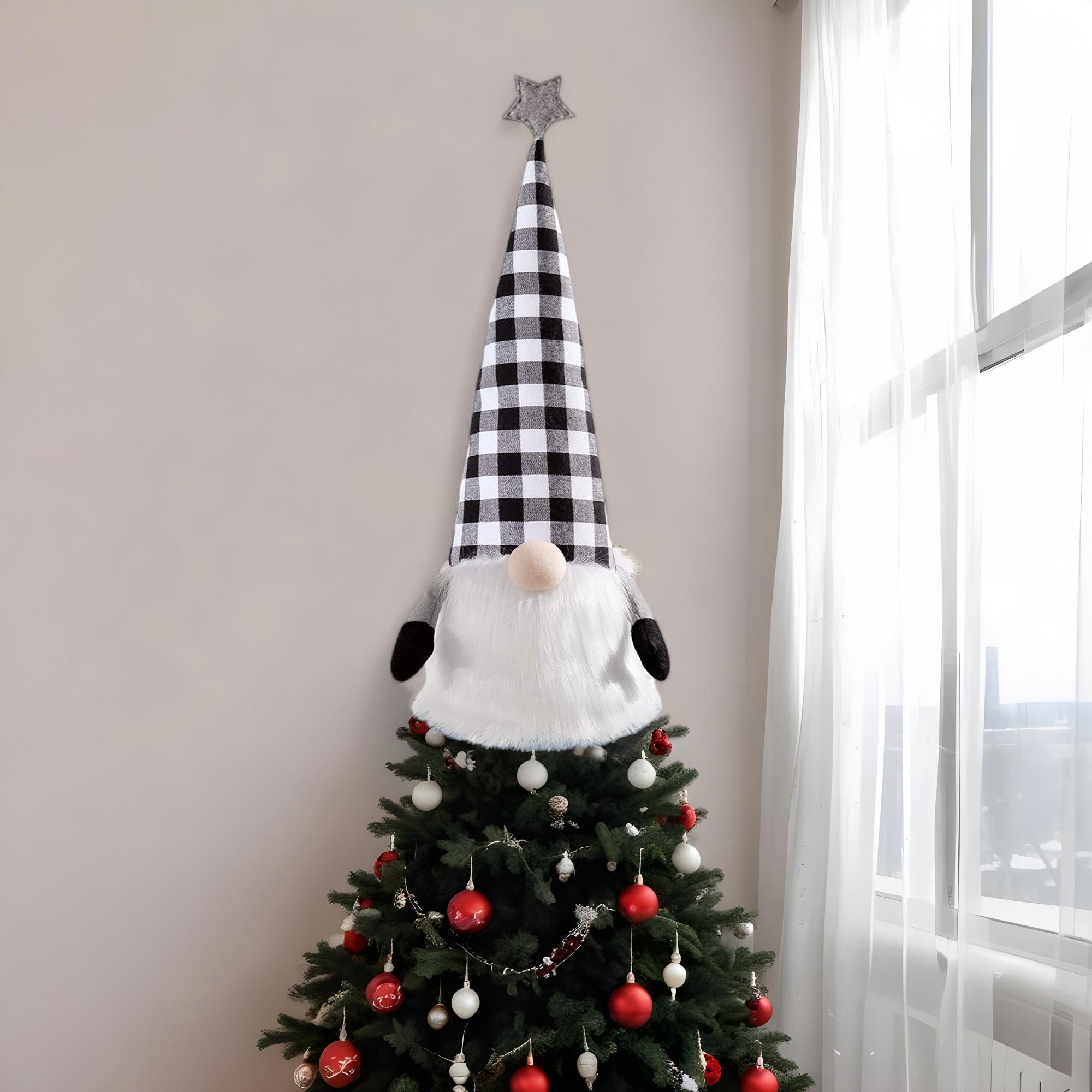 27" Black And White Felt And Faux Fur Gnome Adjustable Height Tree Topper