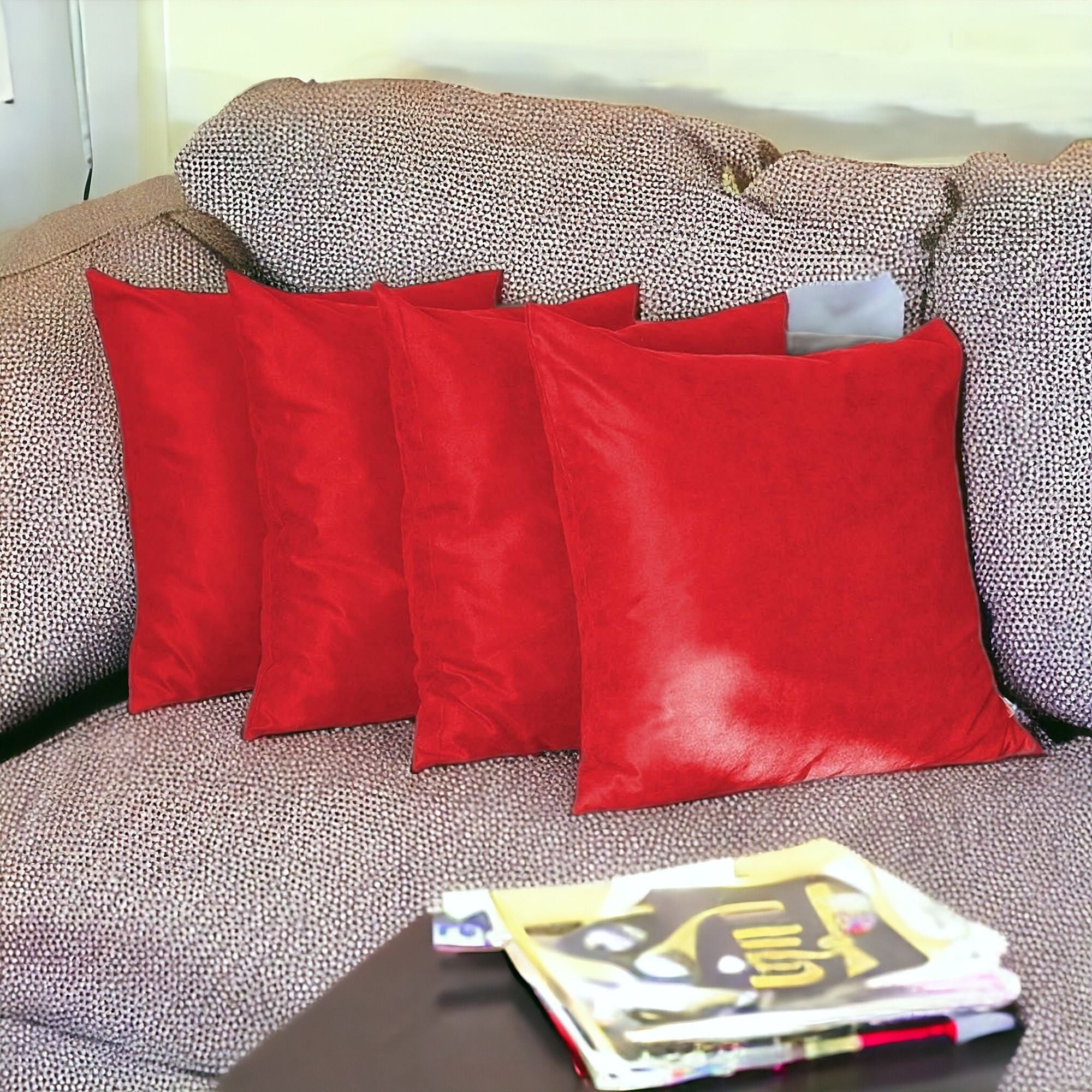 Set Of Four 26" X 26" Red Polyester Zippered Pillow Cover