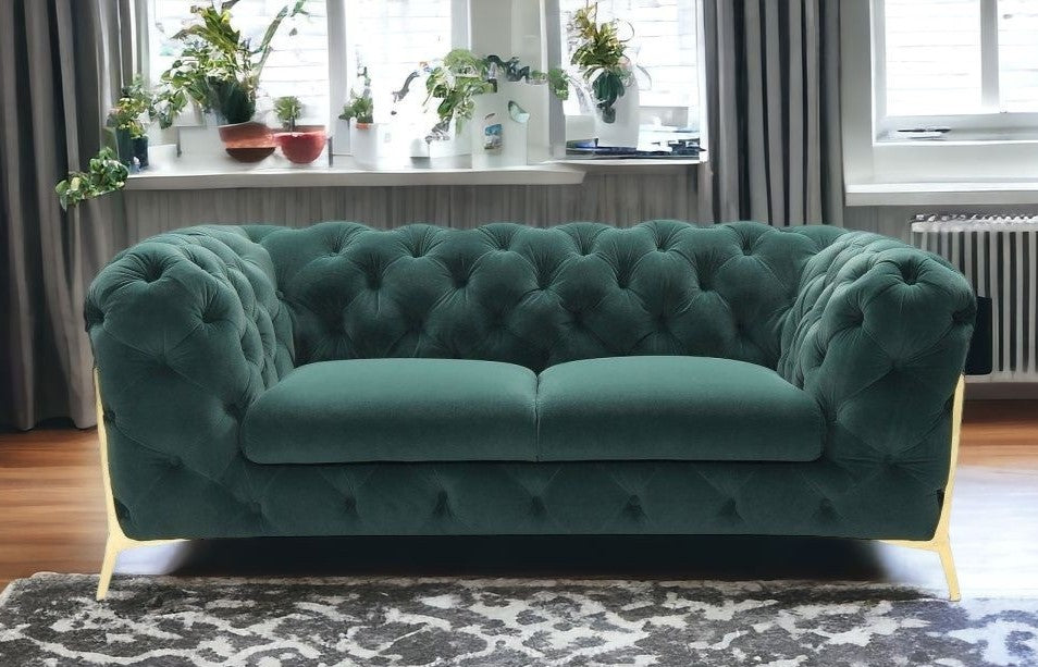 Glam 74" Green Velvet And Gold Loveseat