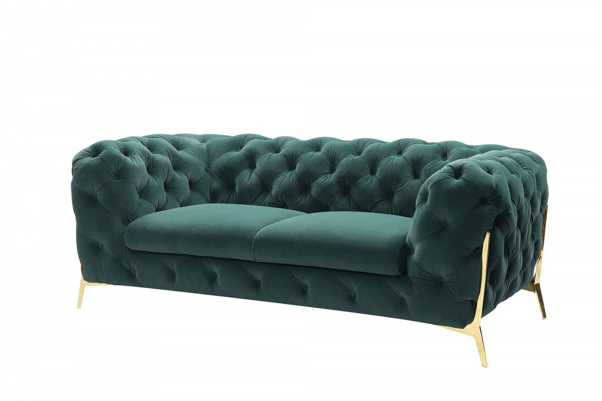 Glam 74" Green Velvet And Gold Loveseat