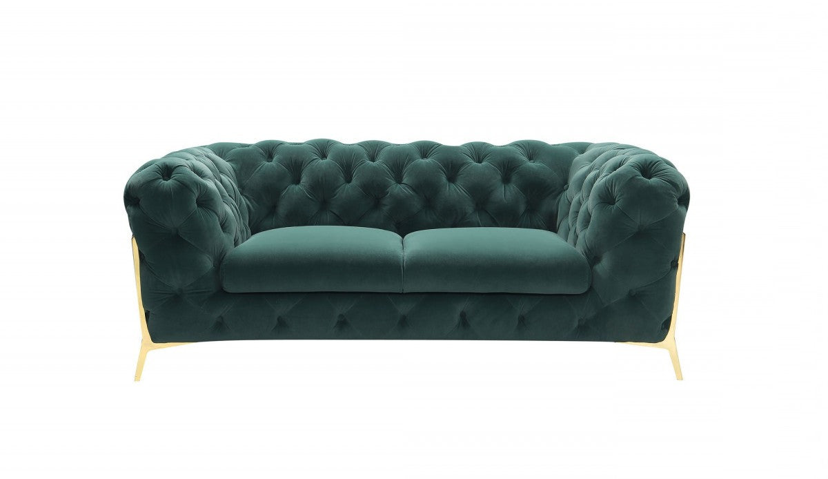 Glam 74" Green Velvet And Gold Loveseat