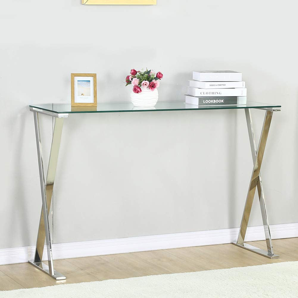 12" Clear and Silver Glass Frame Console Table