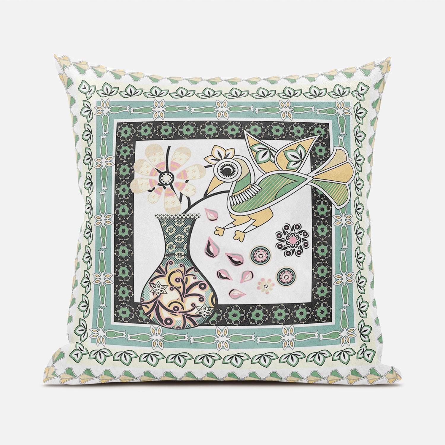 18" X 18" Green and Yellow Peacock Broadcloth Floral Zippered Pillow