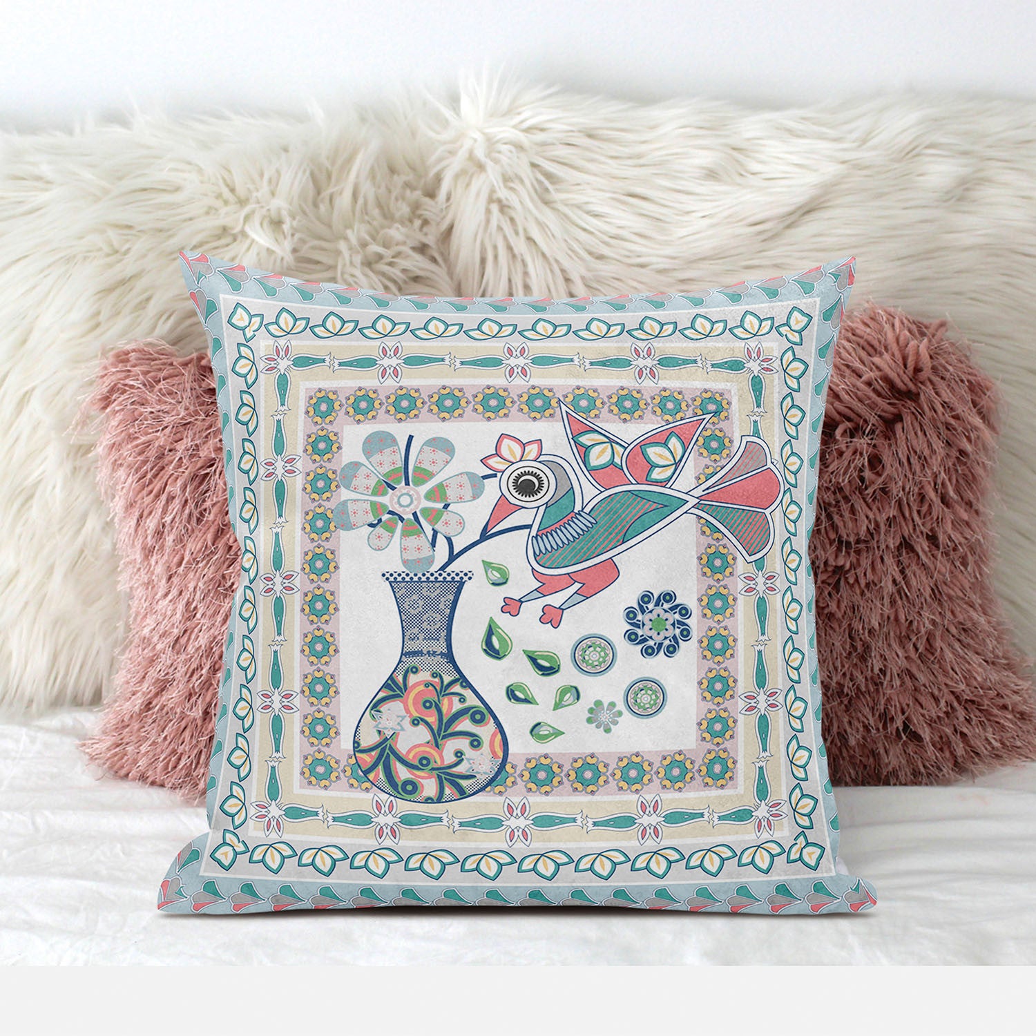 20" X 20" Pink and White Peacock Broadcloth Floral Zippered Pillow