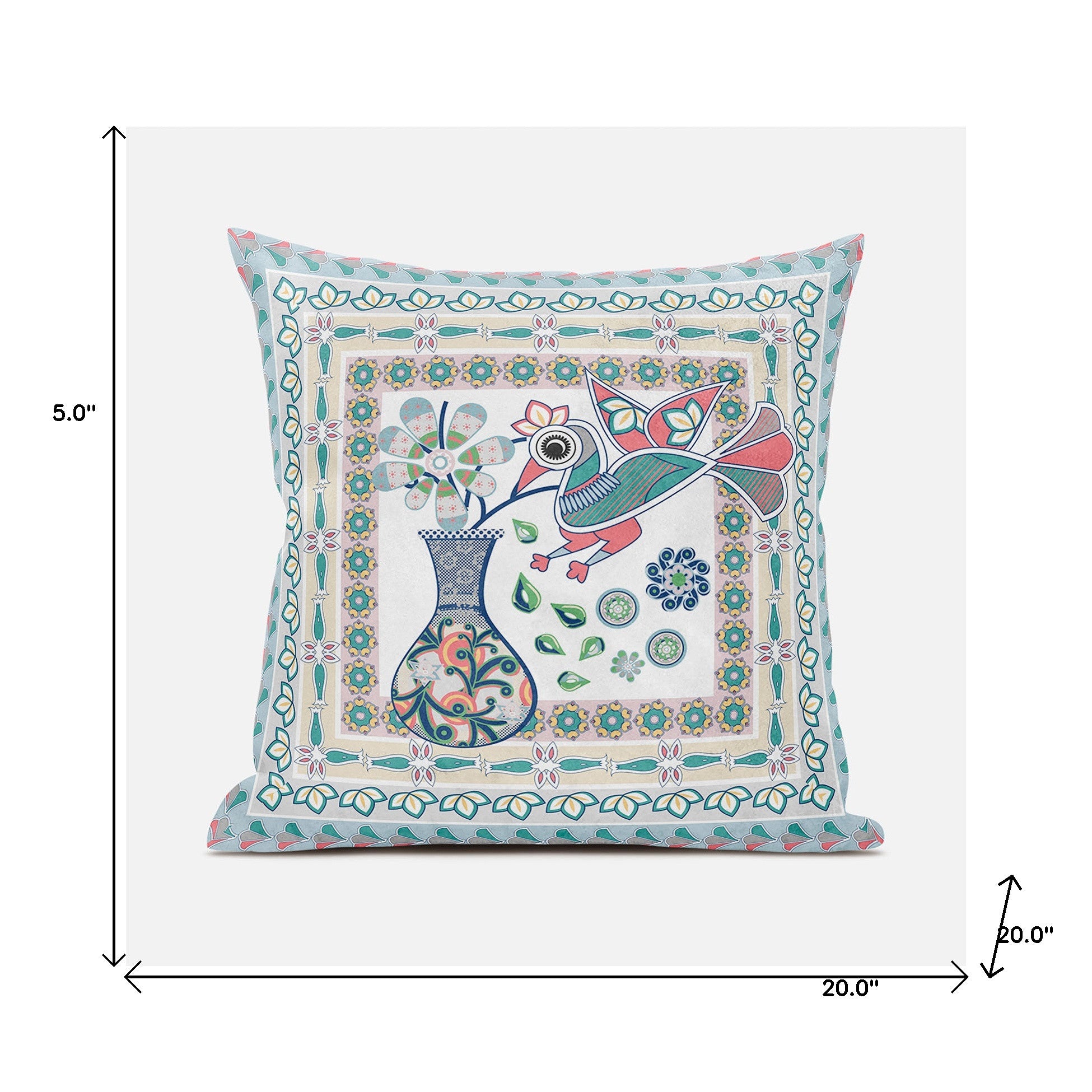 20" X 20" Pink and White Peacock Broadcloth Floral Zippered Pillow
