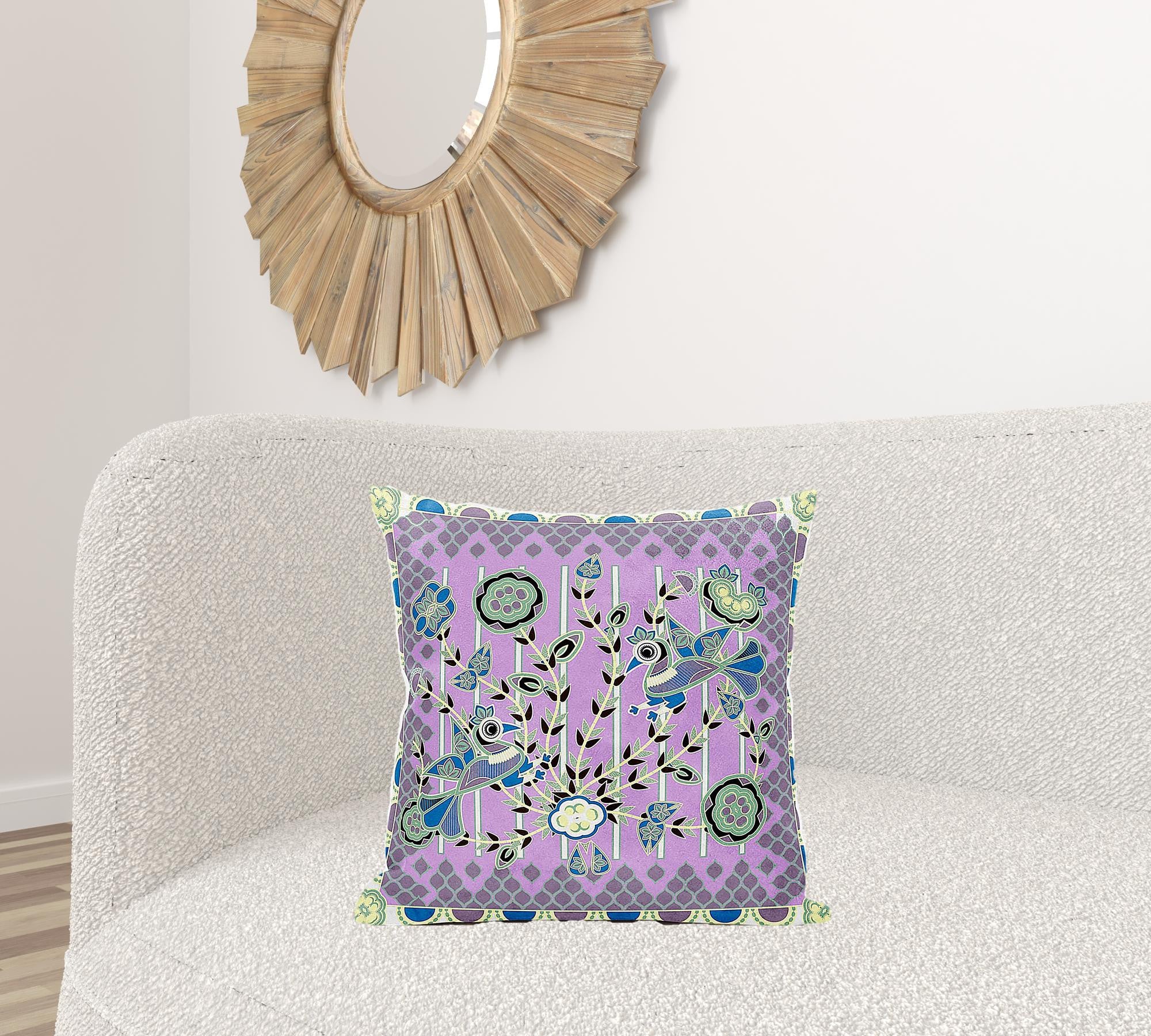 20" X 20" Purple and Black Peacock Broadcloth Floral Zippered Pillow