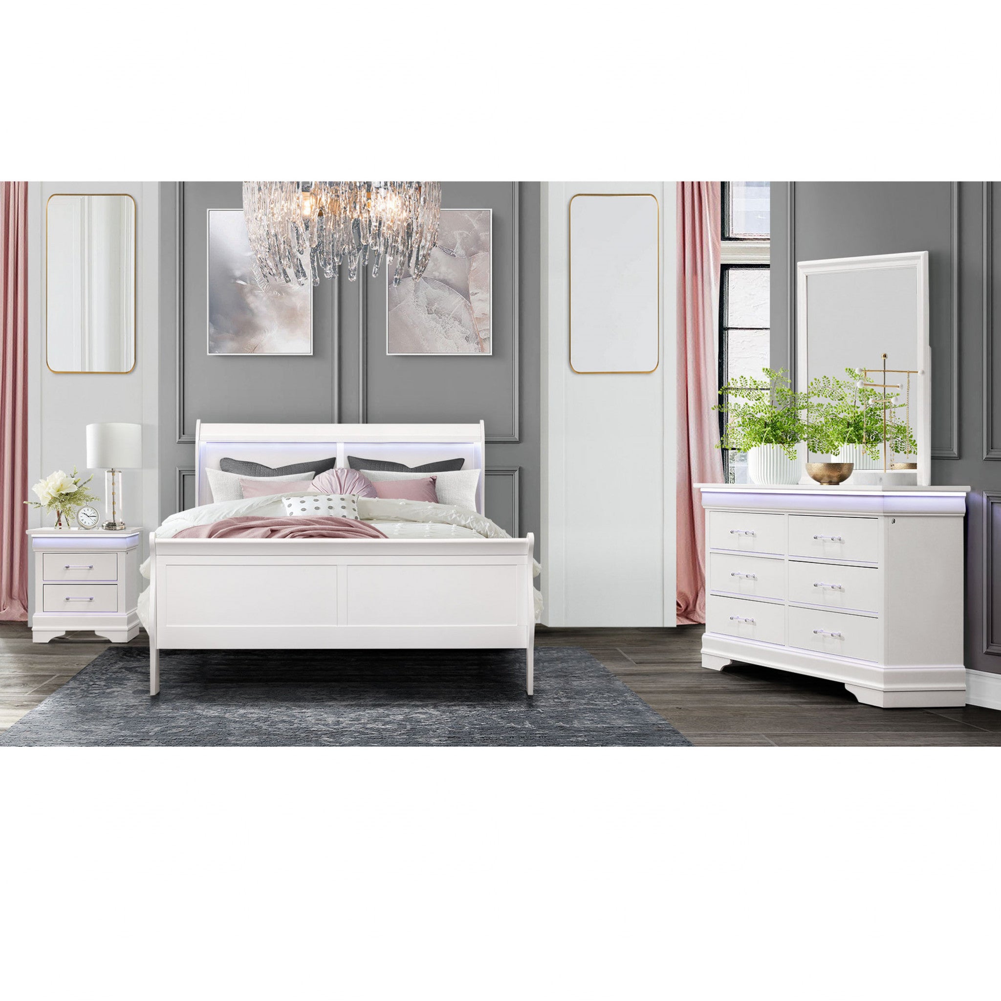 59" White Solid Wood Six Drawer Double Dresser with LED