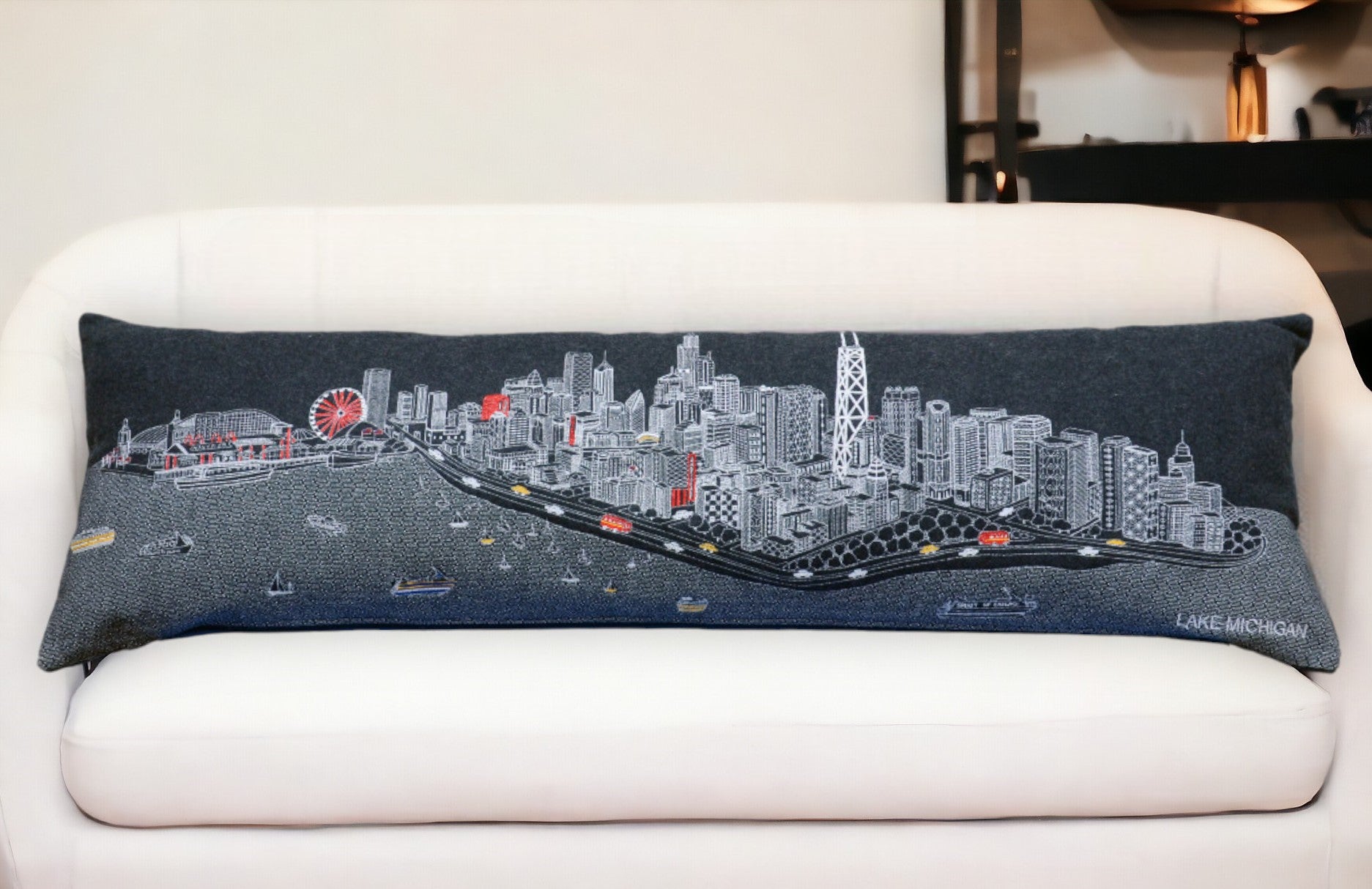 45" Black Chicago Nighttime Skyline Lumbar Decorative Pillow