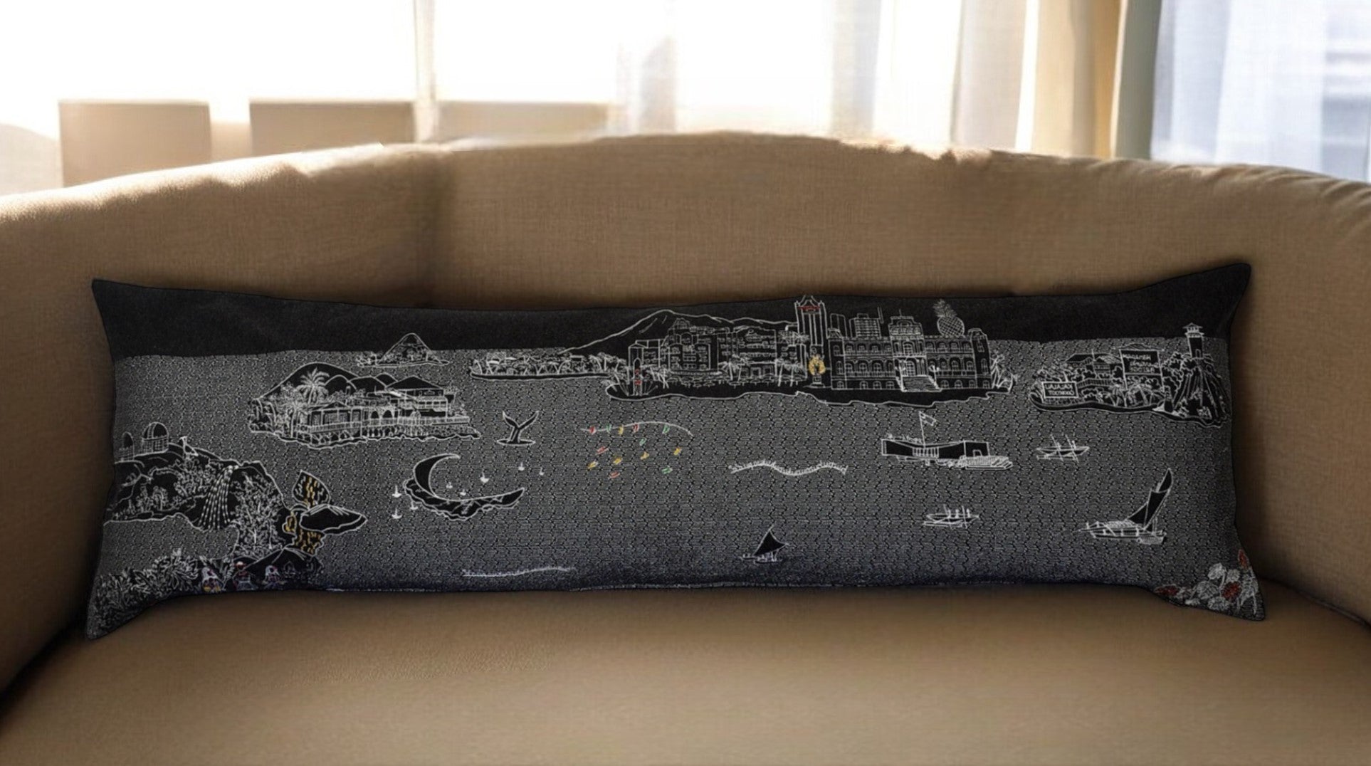 46" Black Hawaii Nighttime Skyline Lumbar Decorative Pillow