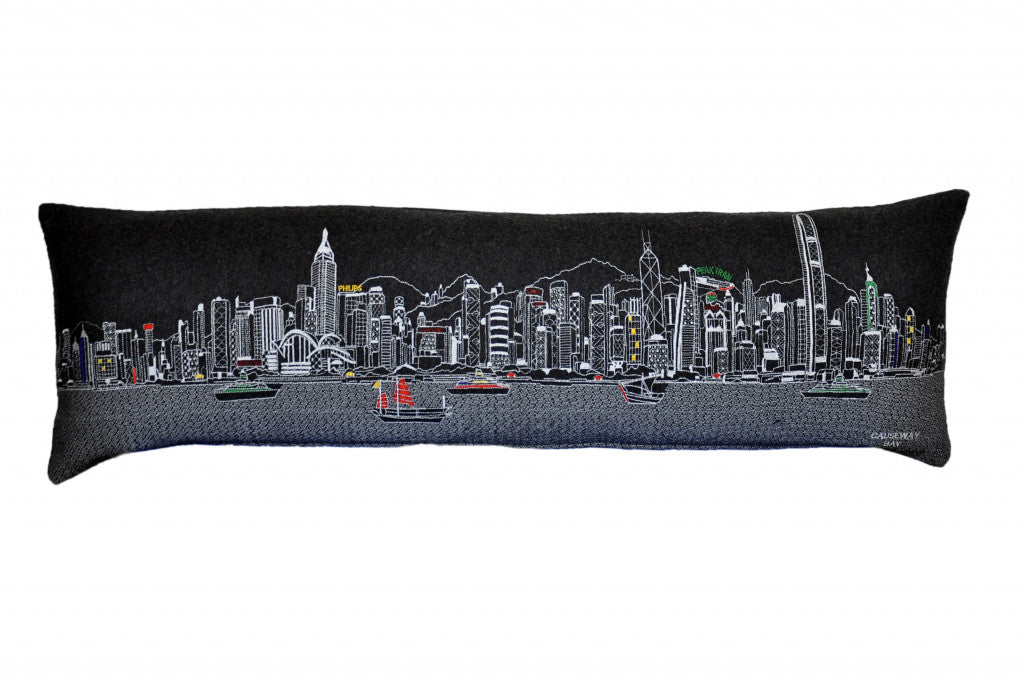 45" Black Hong Kong Nighttime Skyline Lumbar Decorative Pillow