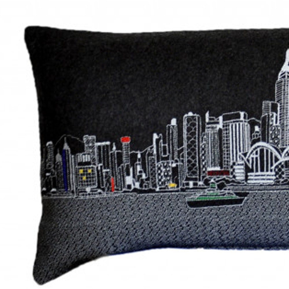 45" Black Hong Kong Nighttime Skyline Lumbar Decorative Pillow