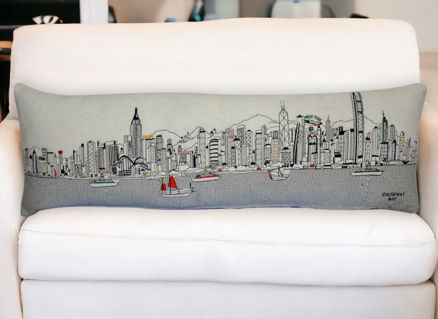 45" White Hong Kong Daylight Skyline Lumbar Decorative Pillow