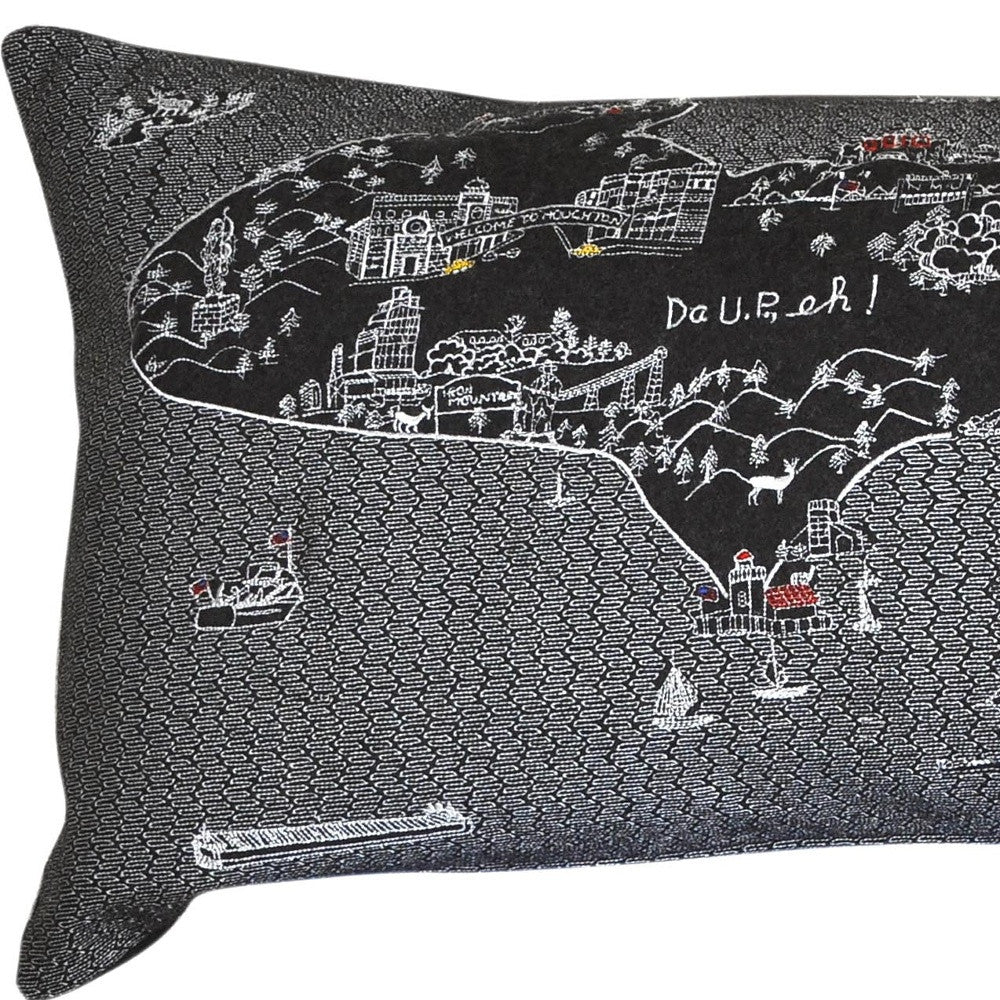 14" X 46" Black Gray and White Wool Zippered Pillow