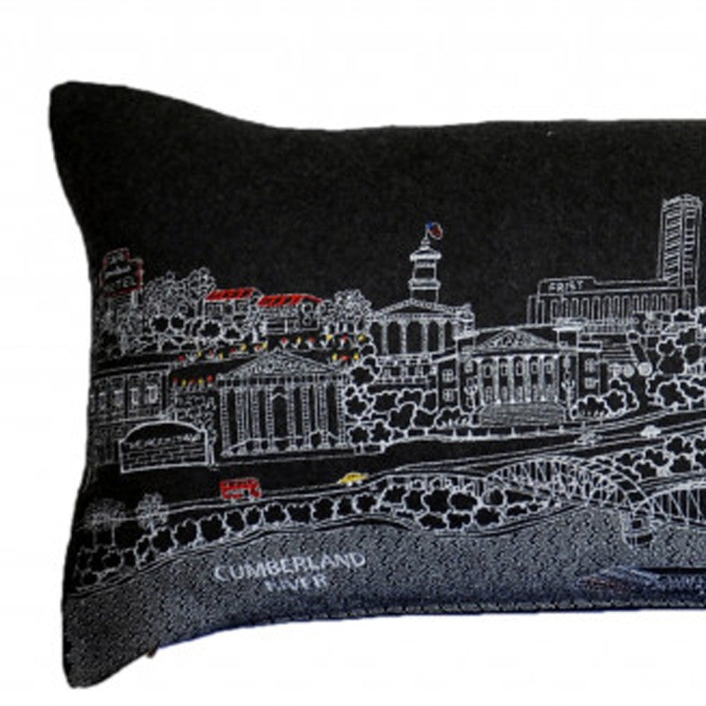 14" X 46" Black Gray and White Wool Zippered Pillow