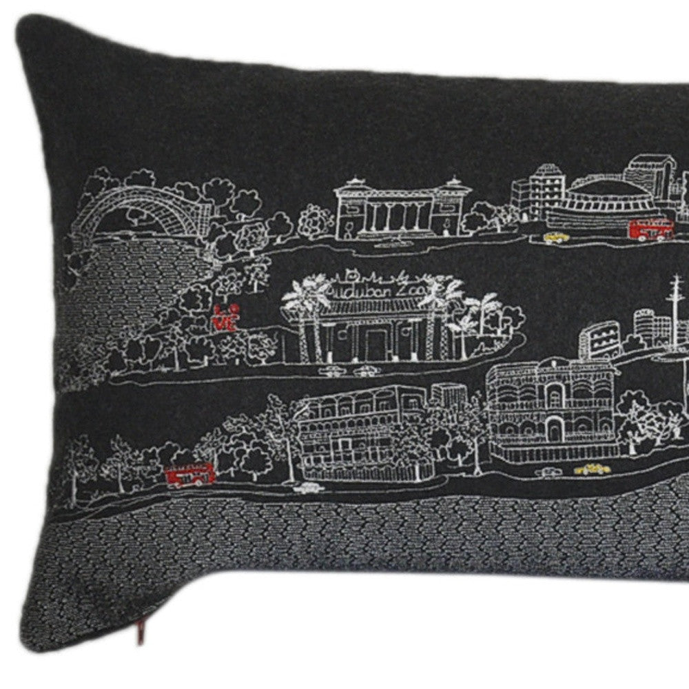 14" X 46" Black Gray and White Wool Zippered Pillow