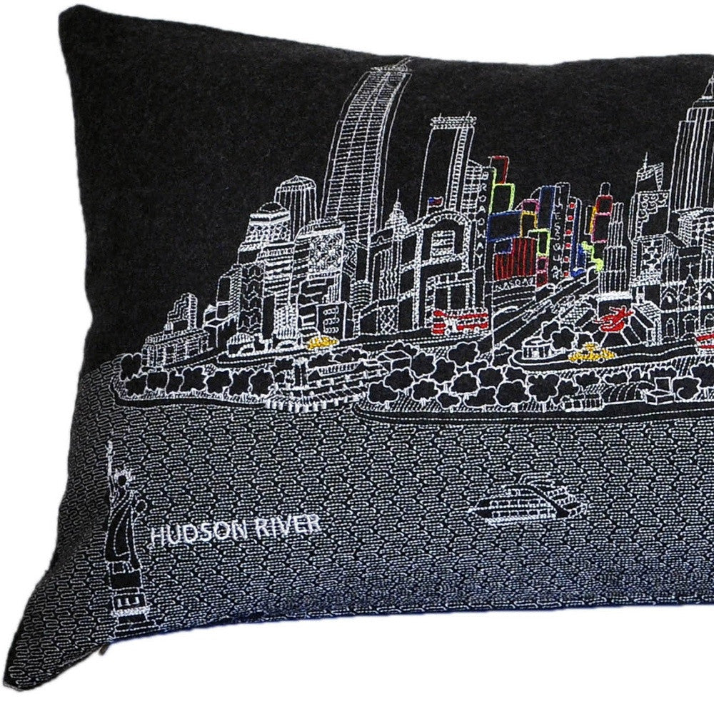 14" X 46" Black Gray and White Wool Zippered Pillow