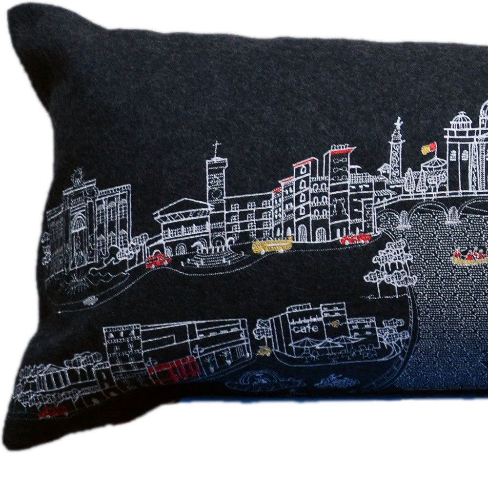 14" X 46" Black Gray and White Wool Zippered Pillow