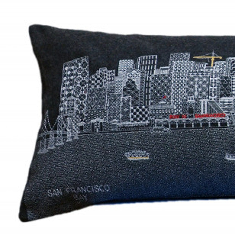 14" X 46" Black Gray and White Wool Zippered Pillow