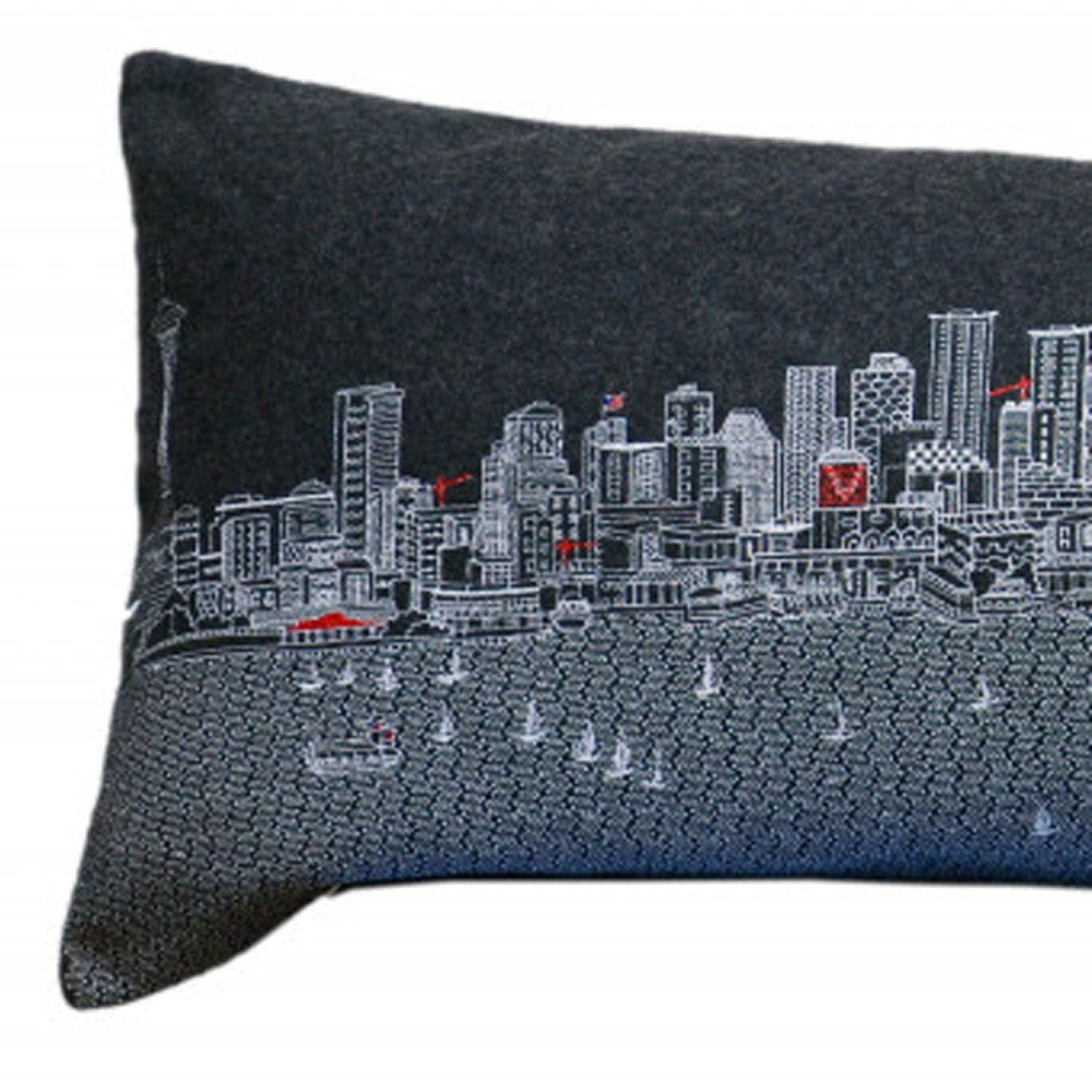 14" X 46" Black Gray and White Wool Zippered Pillow